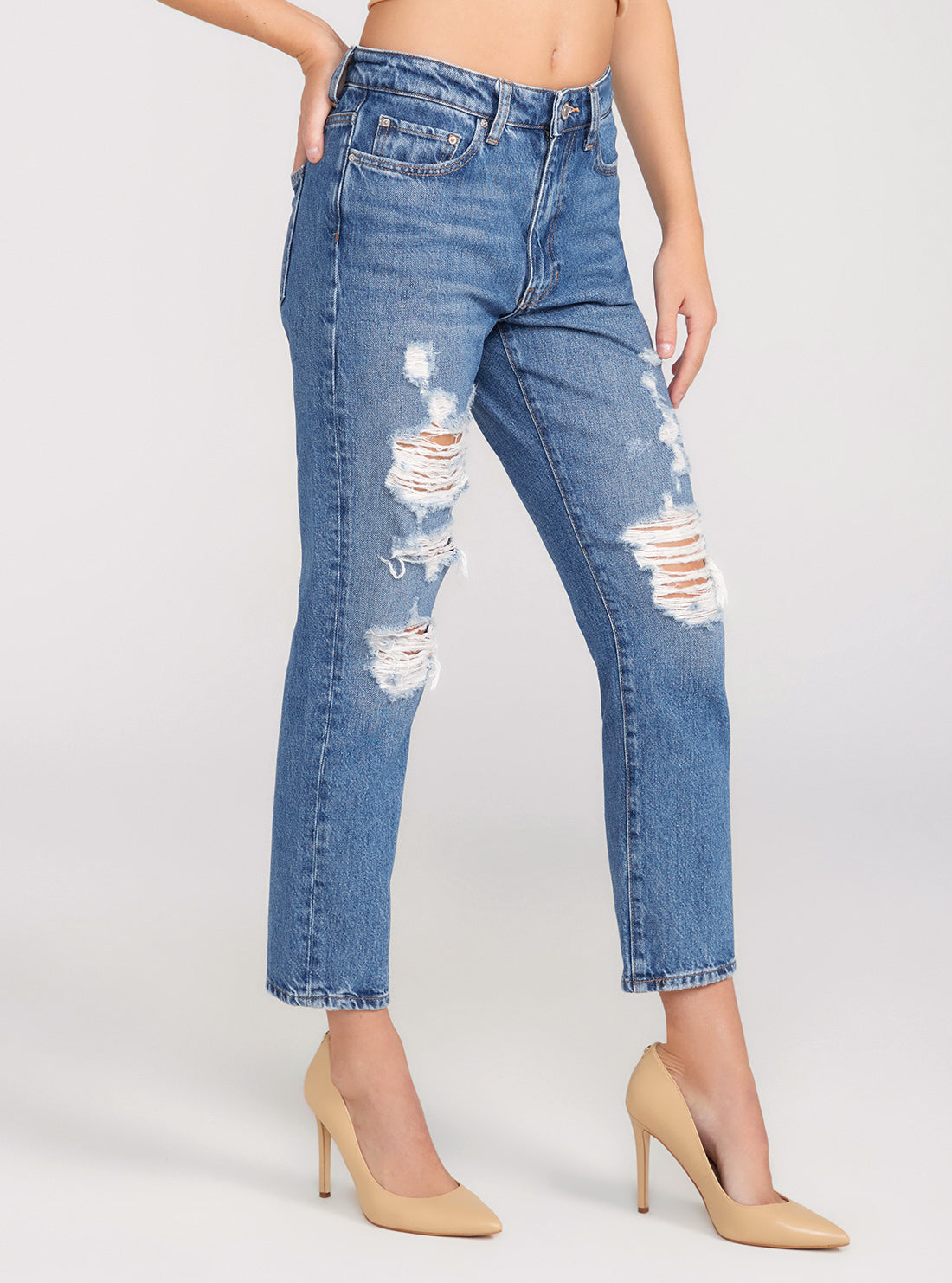 GUESS Mid-Rise Ripped Cropped It Girl Jeans In Medium Wash side view