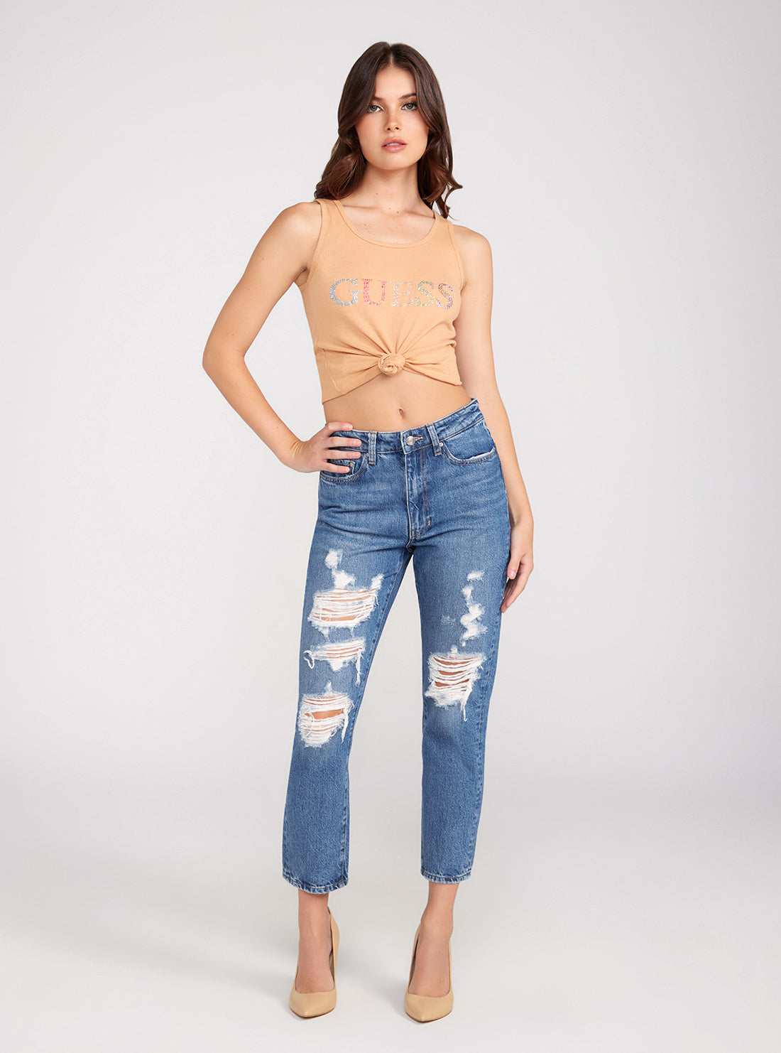 GUESS Mid-Rise Ripped Cropped It Girl Jeans In Medium Wash full view