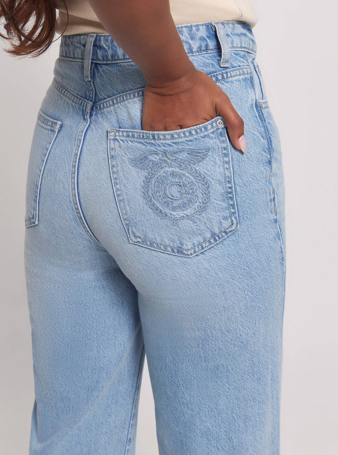 GUESS High-Rise Paz Wide Leg Denim Jeans in Light Wash detail view