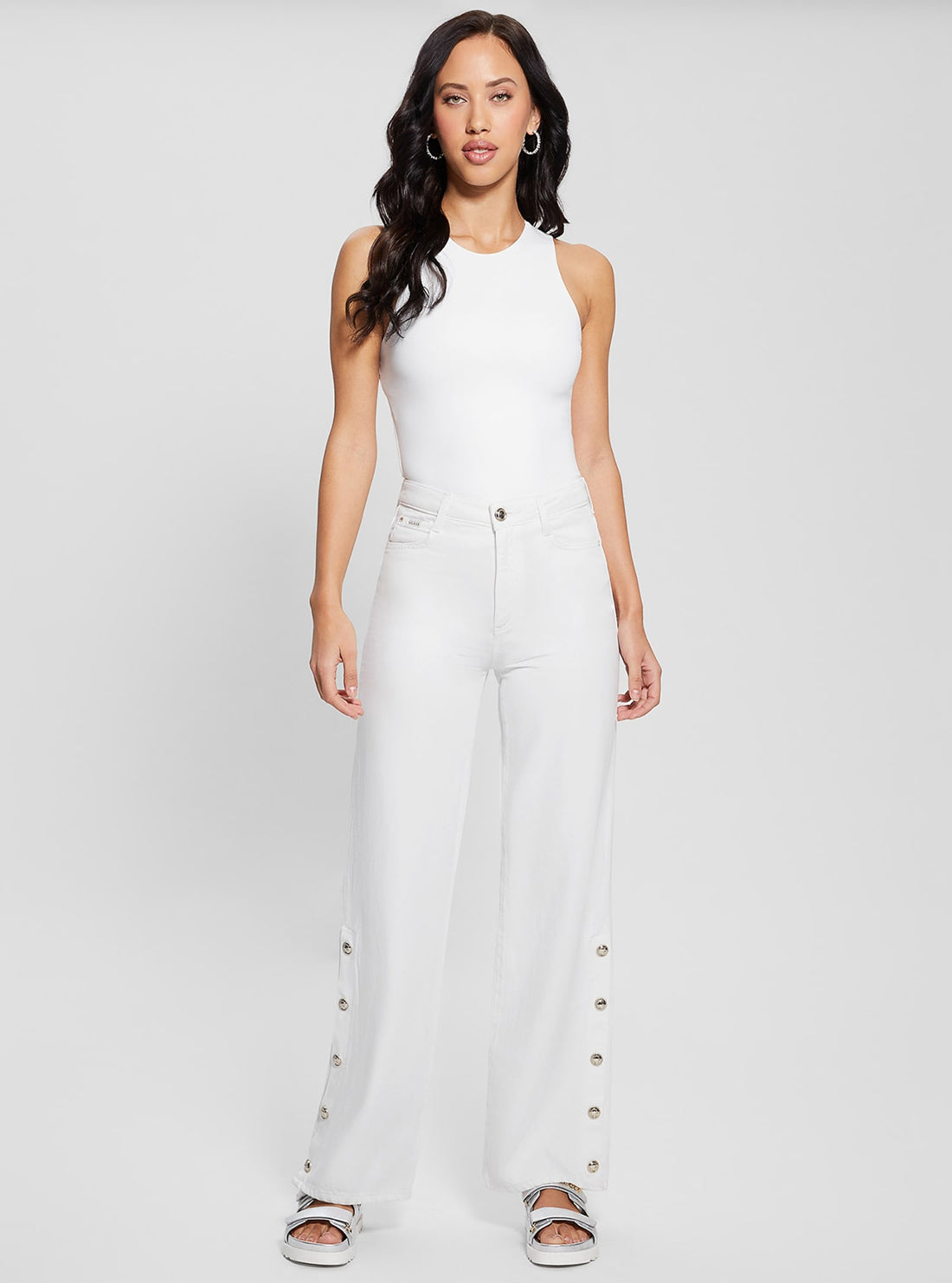 GUESS High-Rise Paz Wide Leg Denim Jeans in White full view