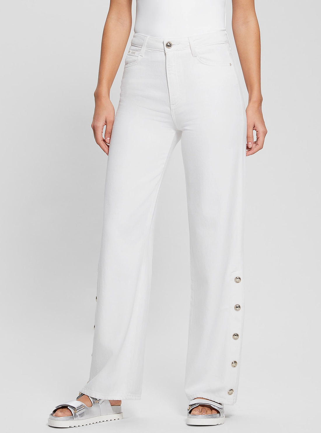 GUESS High-Rise Paz Wide Leg Denim Jeans in White front view