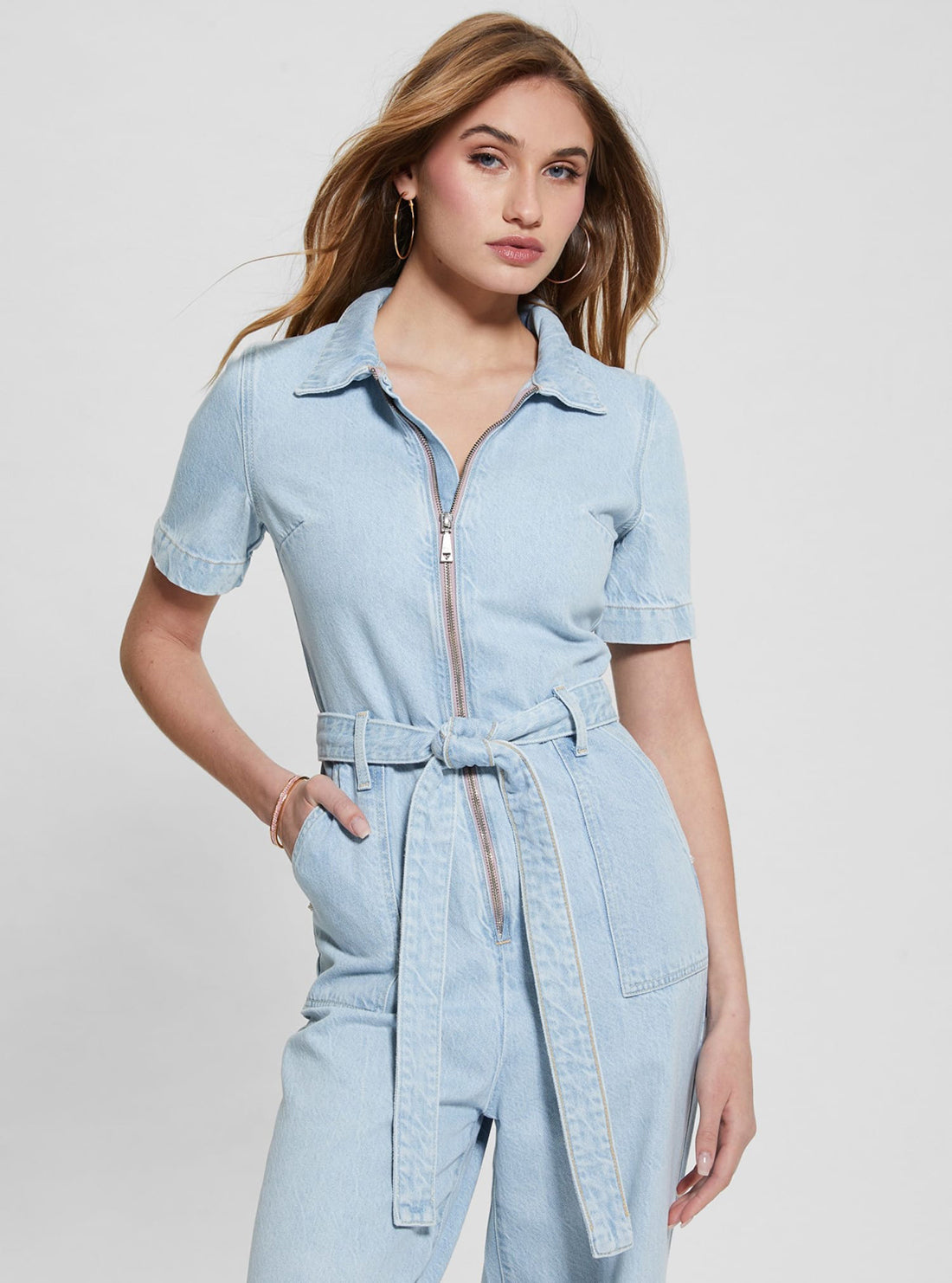 GUESS Light Wash Blue Denim Brenda Jumpsuit detail view