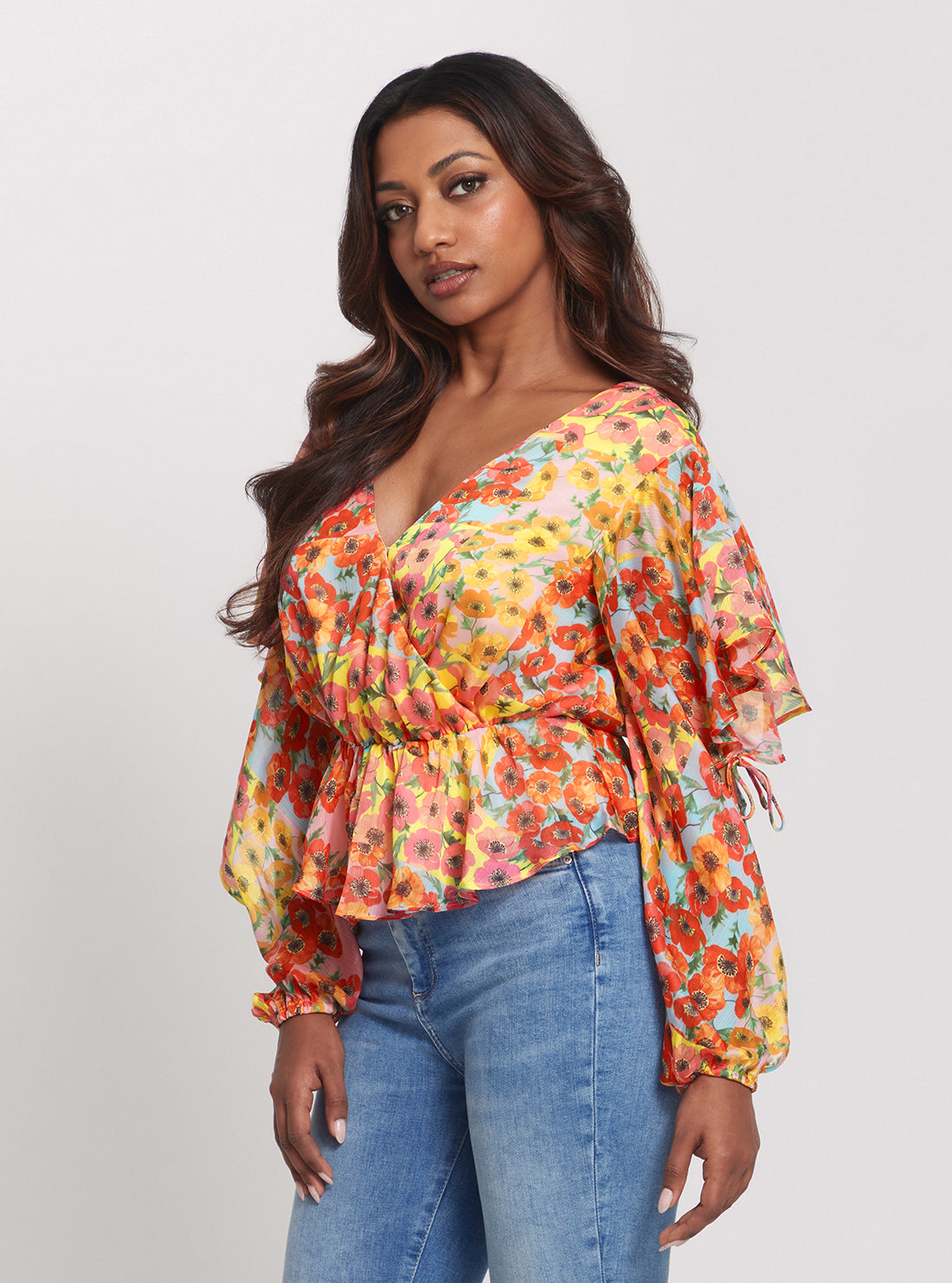 GUESS Eco Floral Print Saskika Drapy Top front view