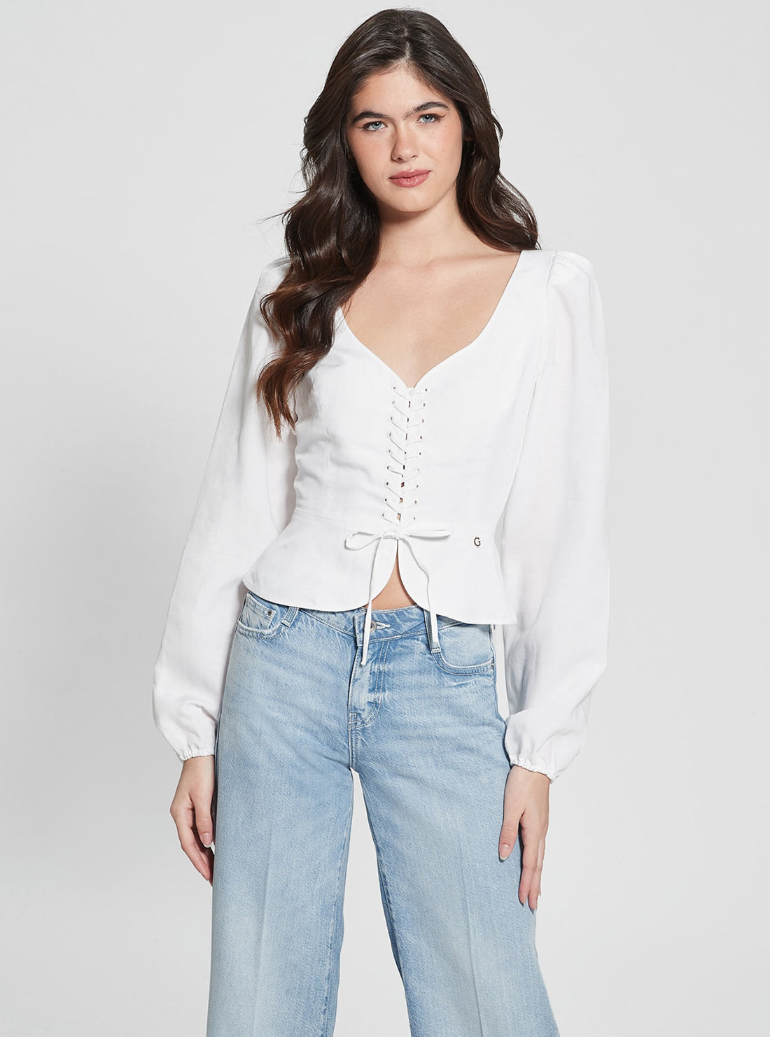 GUESS Eco White Federica Lace Up Top front view