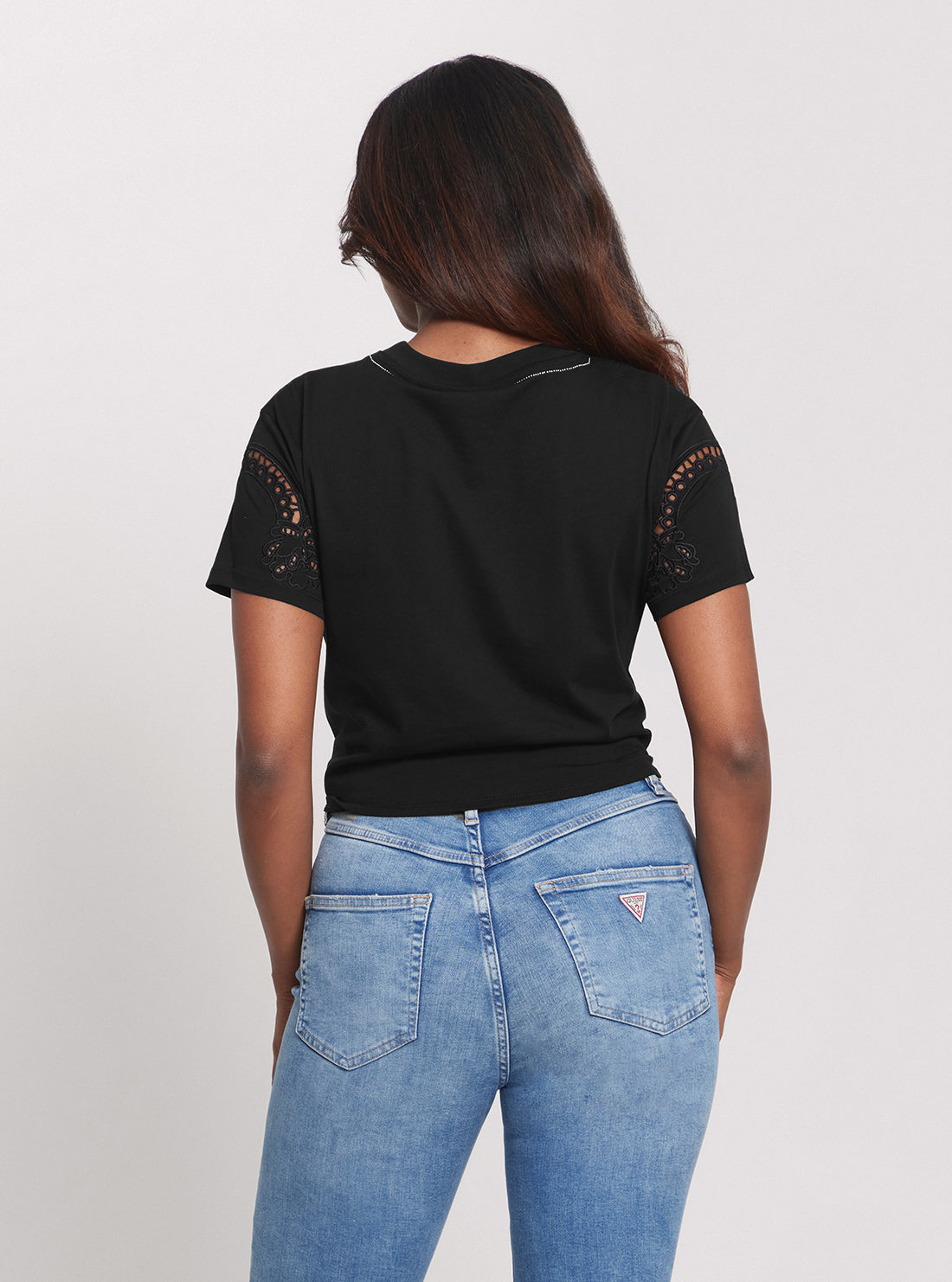 GUESS Eco Black Anjour Lace T-Shirt front view back view