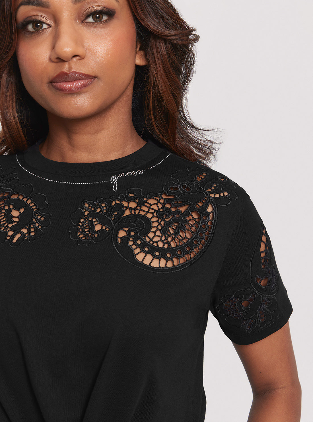 GUESS Eco Black Anjour Lace T-Shirt front view detail view