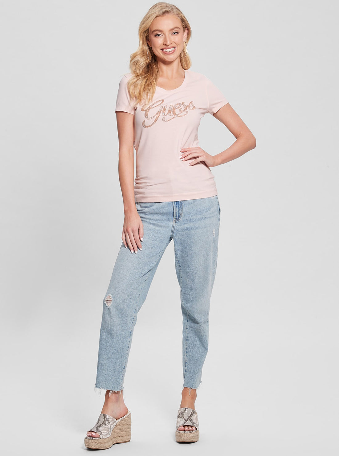 GUESS Pink Script Logo T-Shirt full view