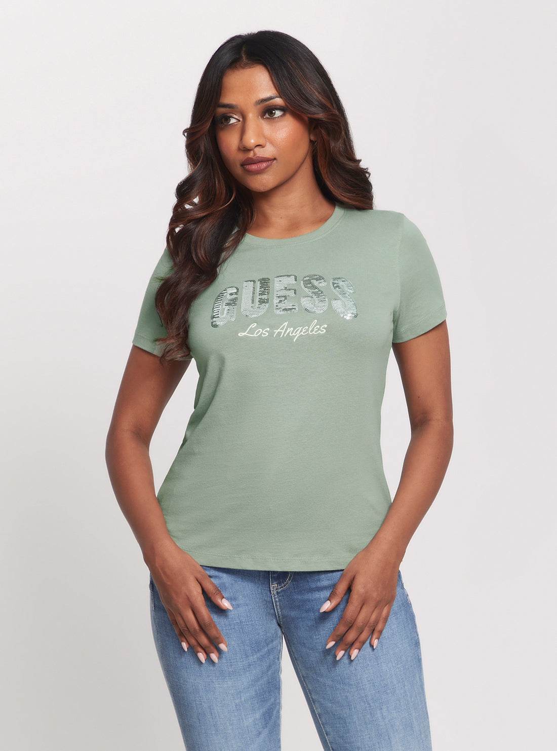 GUESS Eco Green Sequins Logo T-Shirt front view