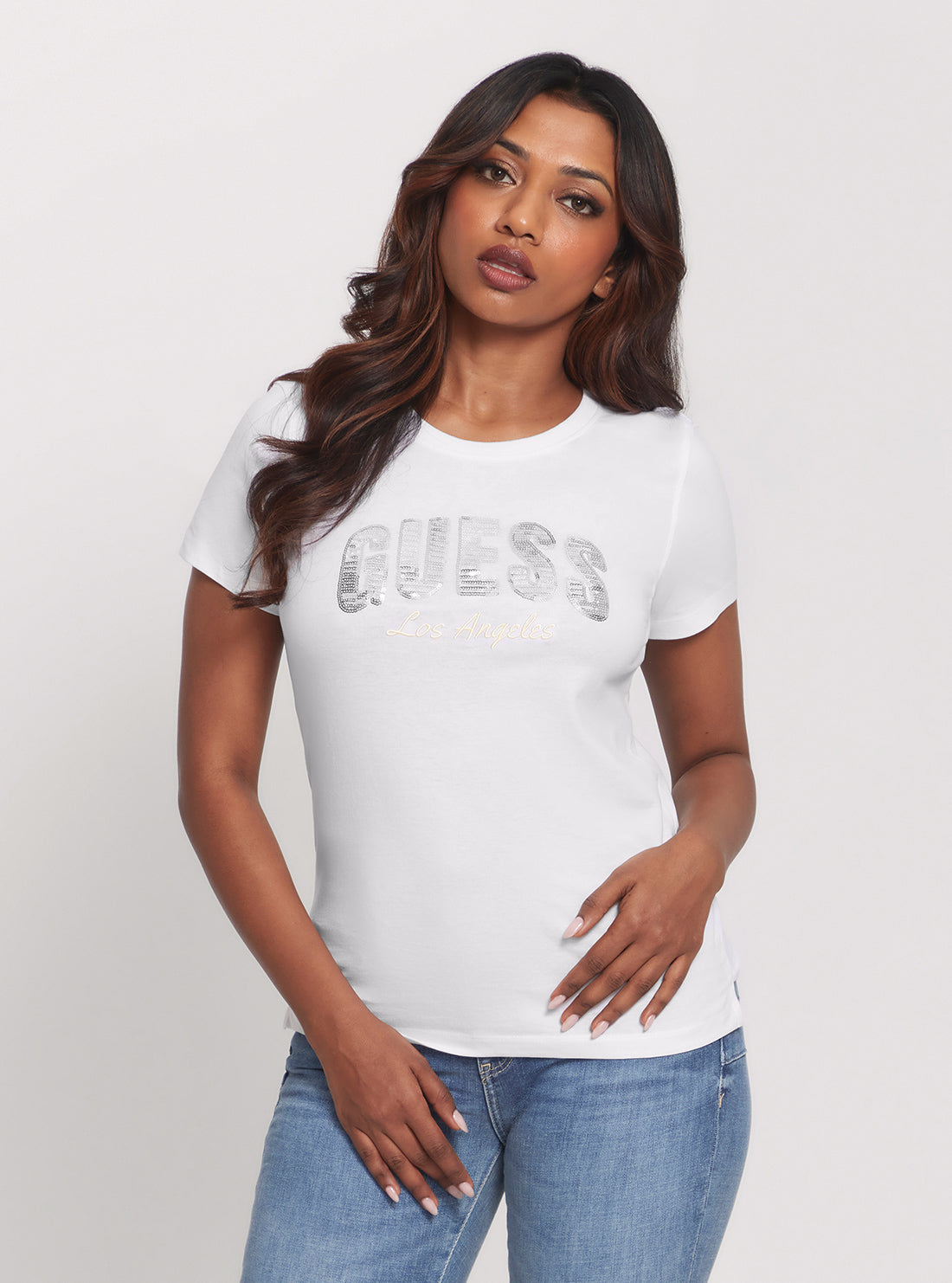 GUESS Eco White Sequins Logo T-Shirt front view