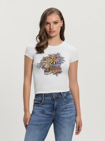 GUESS Womens White Crystal Tiger R5 T-Shirt W4GI43KA0Q1 Front View
