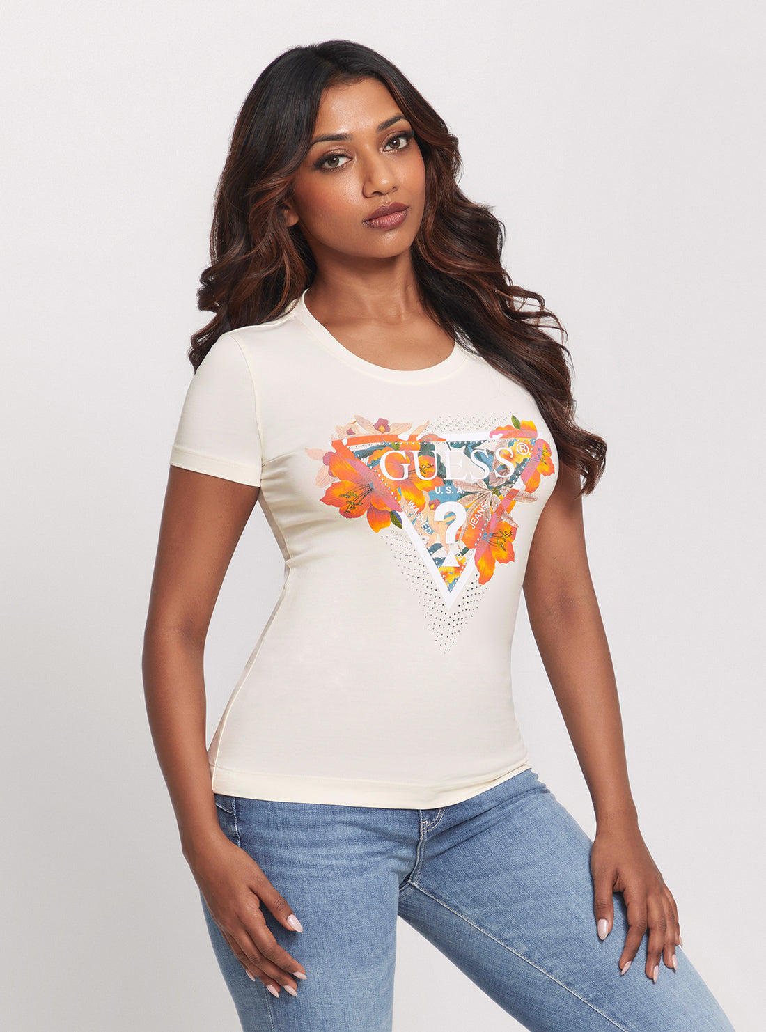 GUESS Eco Cream Tropical Triangle T-Shirt front view