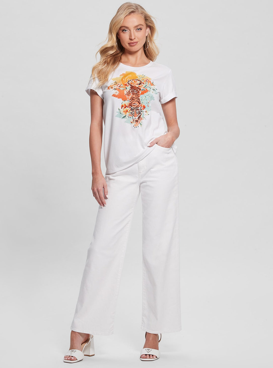 GUESS Eco White Crouching Tiger Sleeve T-Shirt full view