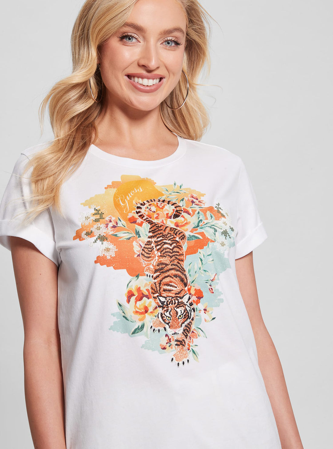 GUESS Eco White Crouching Tiger Sleeve T-Shirt detail view