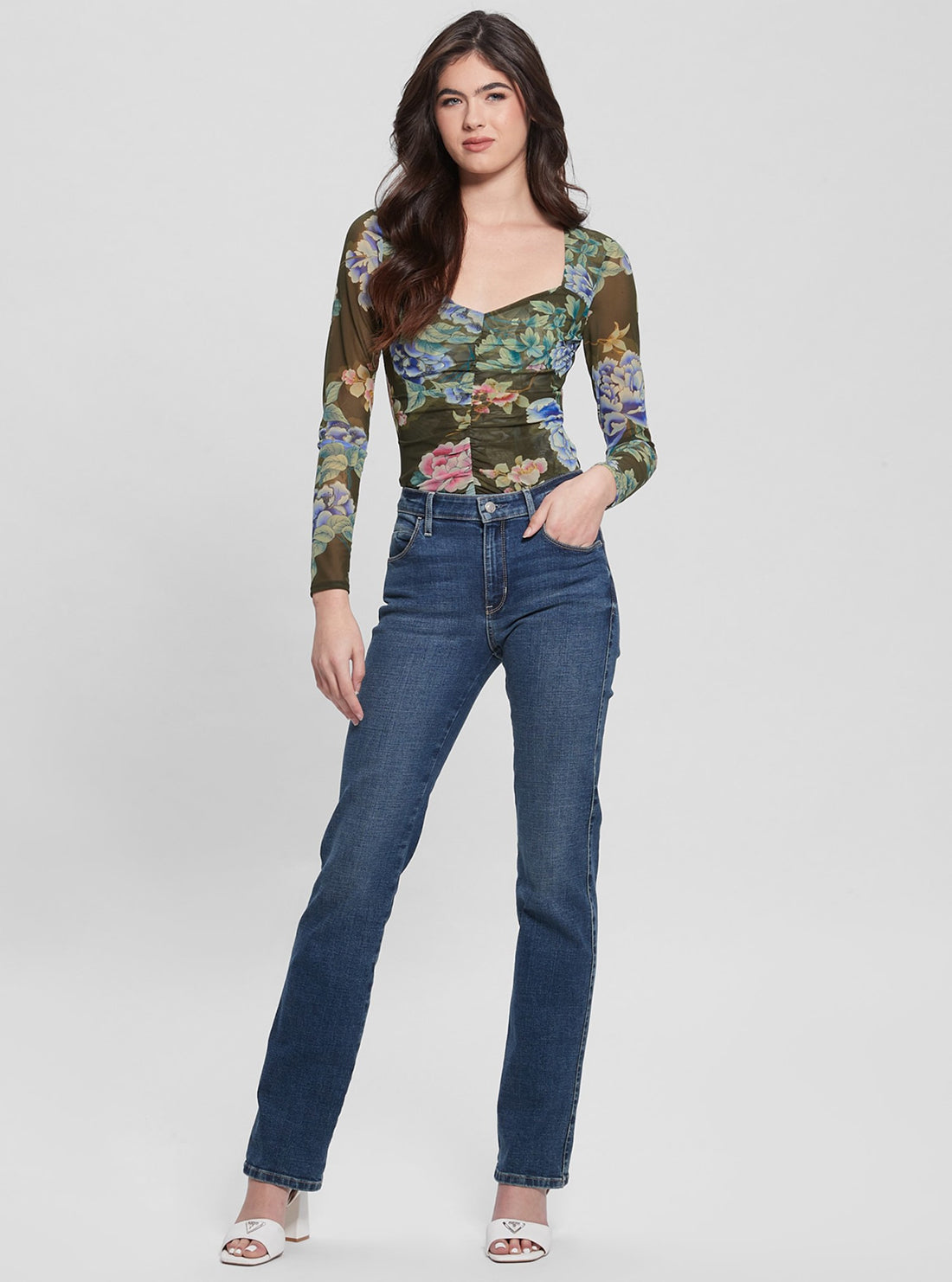 Eco Floral Print Shirred Reyla Mesh Top full view
