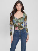 GUESS Eco Floral Print Shirred Reyla Mesh Top front view
