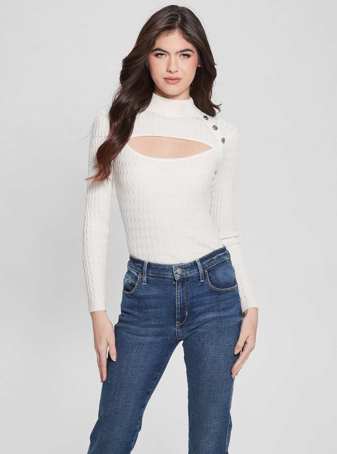 GUESS Eco White Mock Neck Nikki Knit Top front view