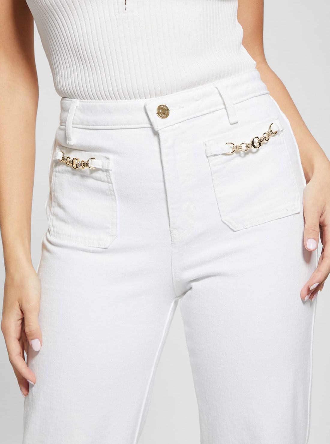 GUESS High-Rise Straight Leg Relaxed Jeans in White Wash detail view