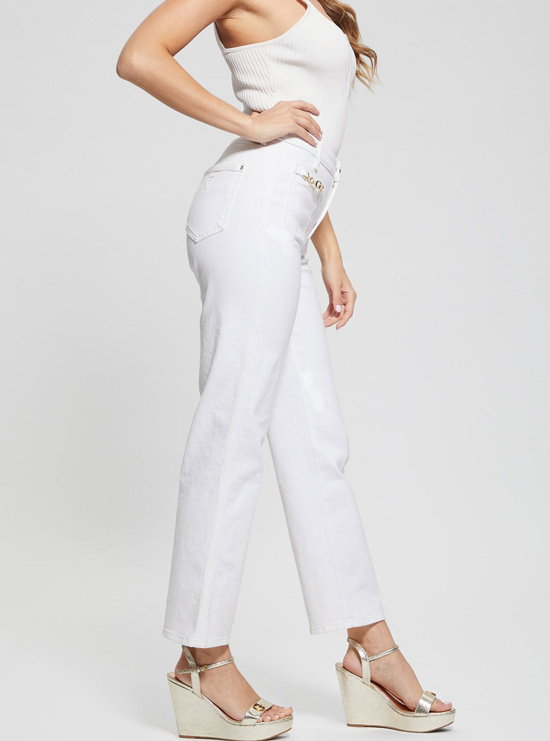 GUESS High-Rise Straight Leg Relaxed Jeans in White Wash side view