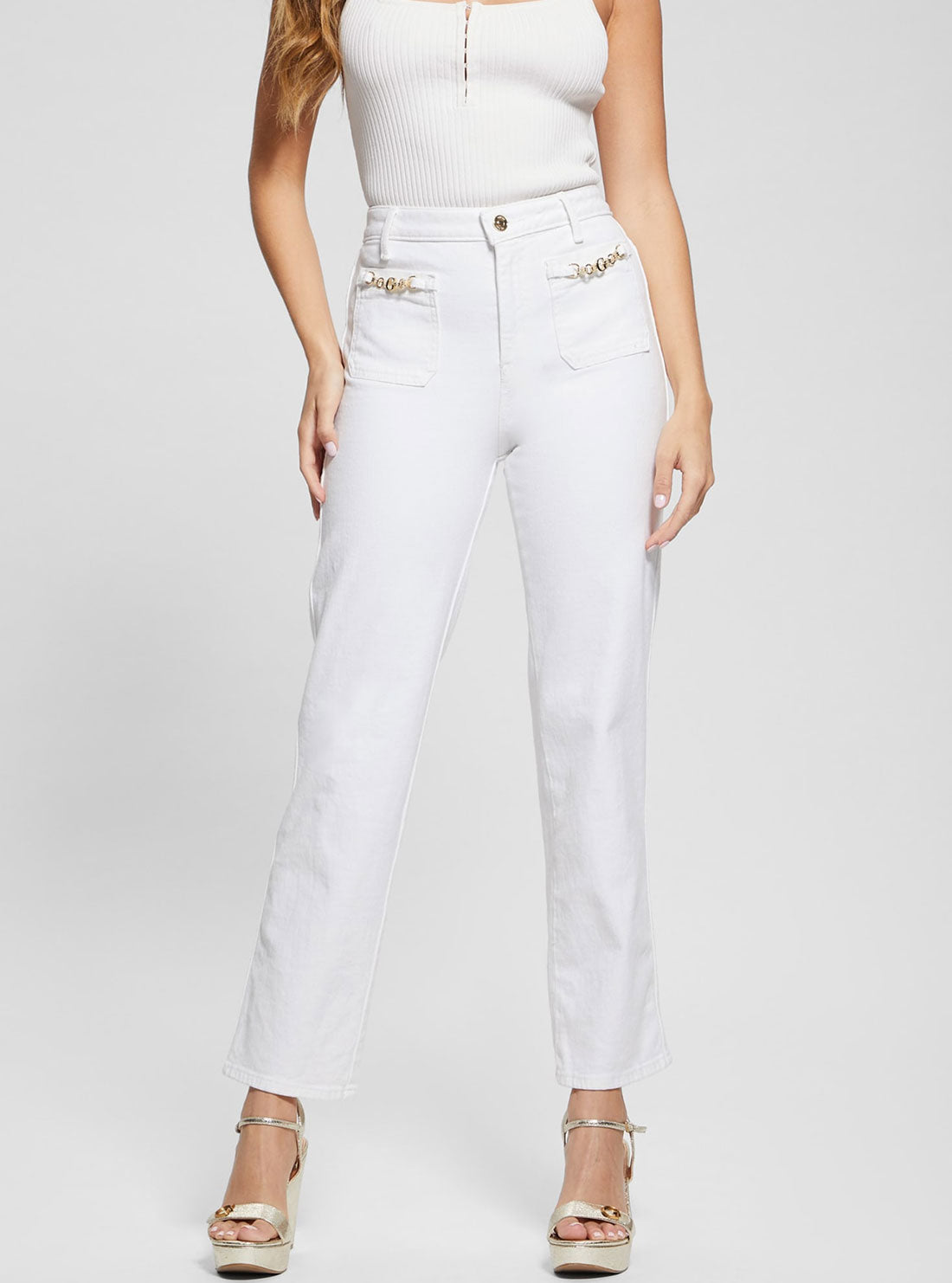 GUESS High-Rise Straight Leg Relaxed Jeans in White Wash front view