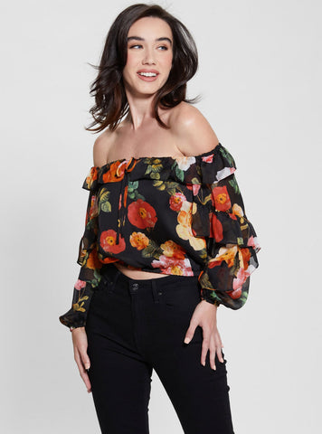 GUESS Black Floral Shani Ruffle Top front view