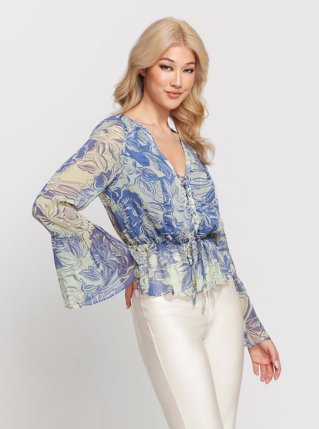 GUESS Blue Floral Print Long Sleeve Demi Top front view