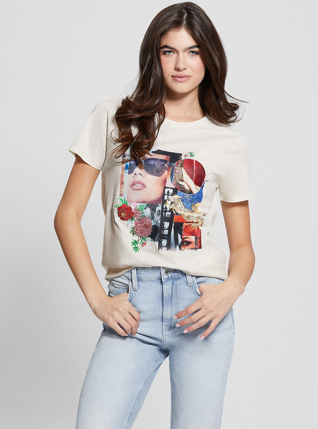 GUESS White Hollywood Dragon Short Sleeve T-Shirt front view