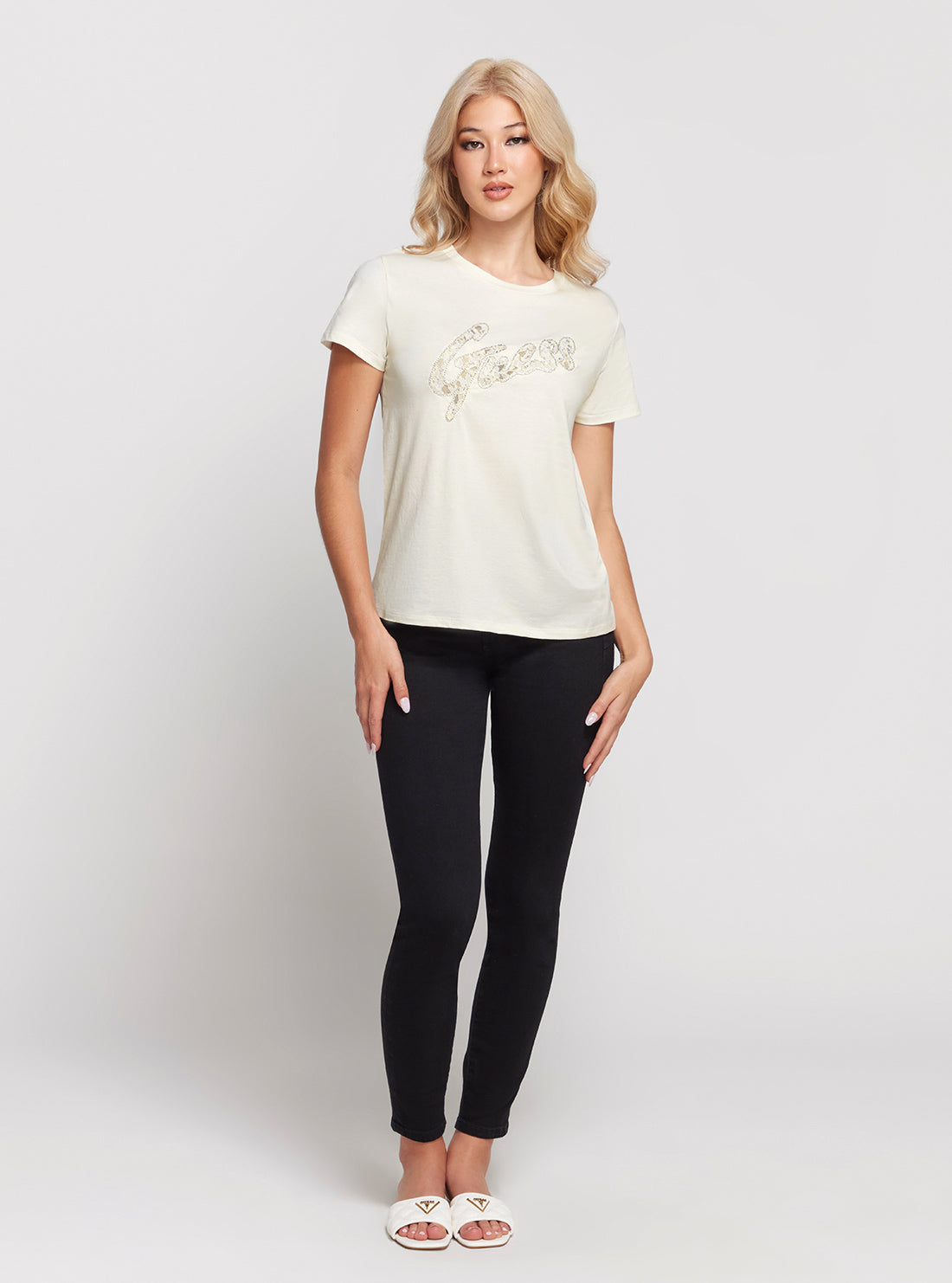GUESS Cream Short Sleeves Lace Logo T-Shirt full view