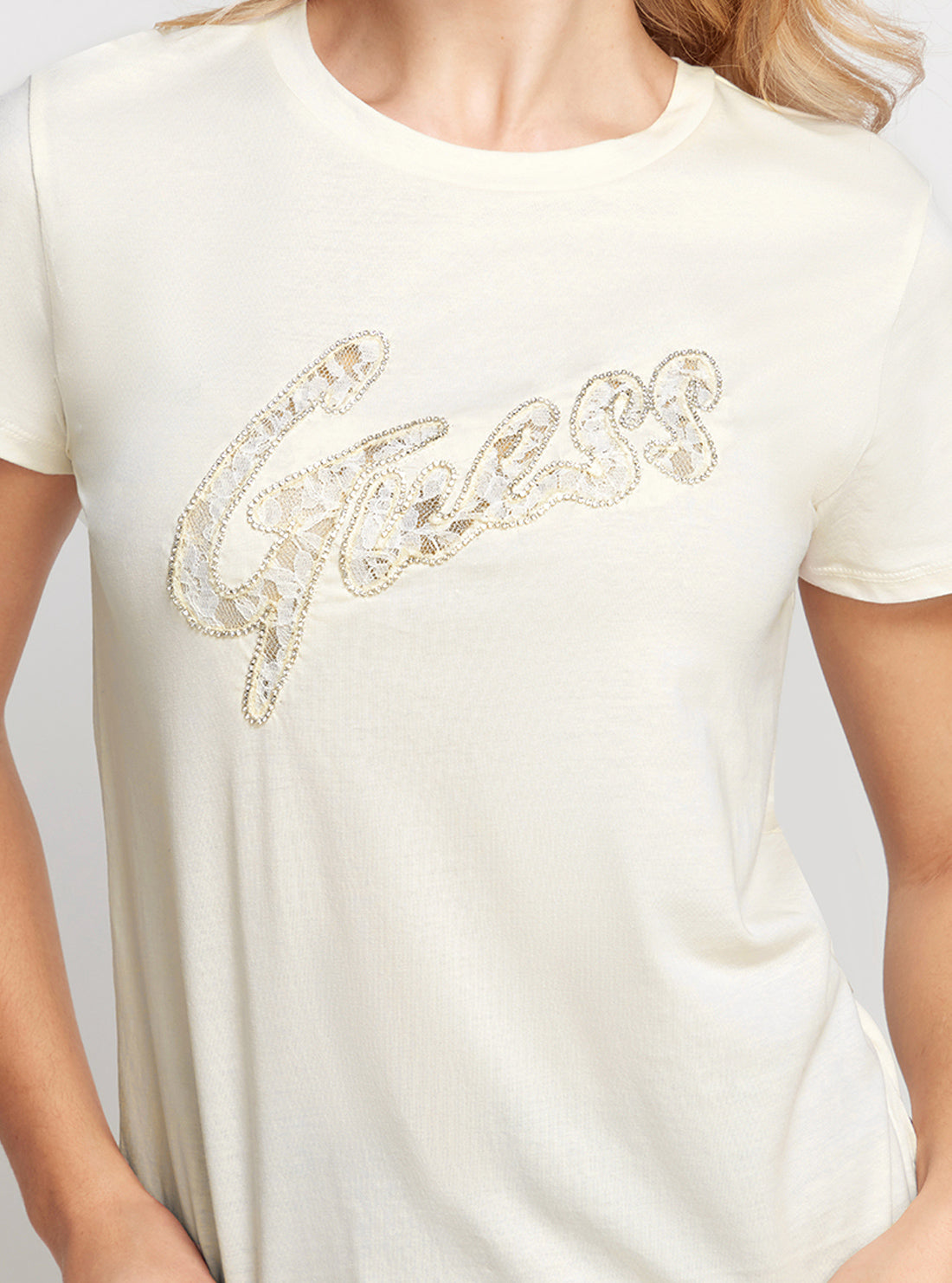 GUESS Cream Short Sleeves Lace Logo T-Shirt detail view