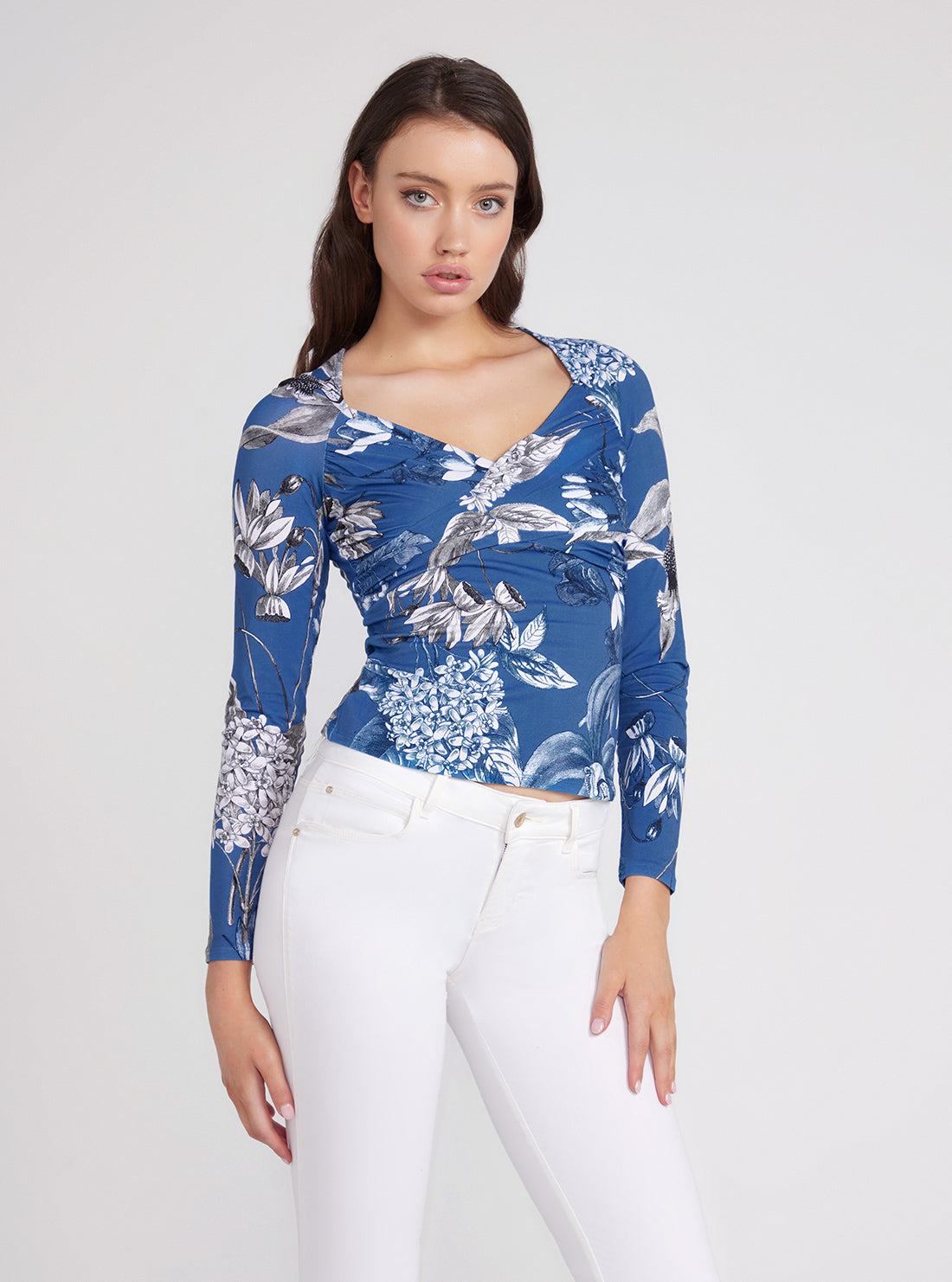 GUESS Blue Floral Print Dianna Long Sleeve Top front view