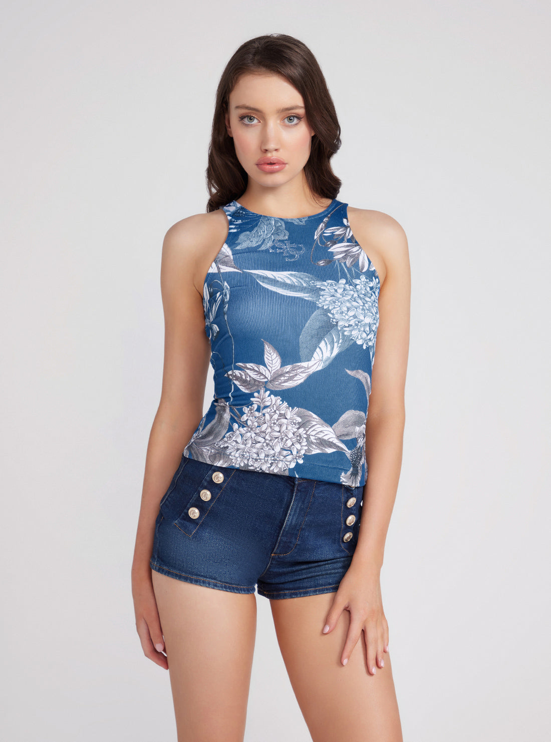 GUESS Blue Floral Sleeveless Guendalina Singlet Top front view