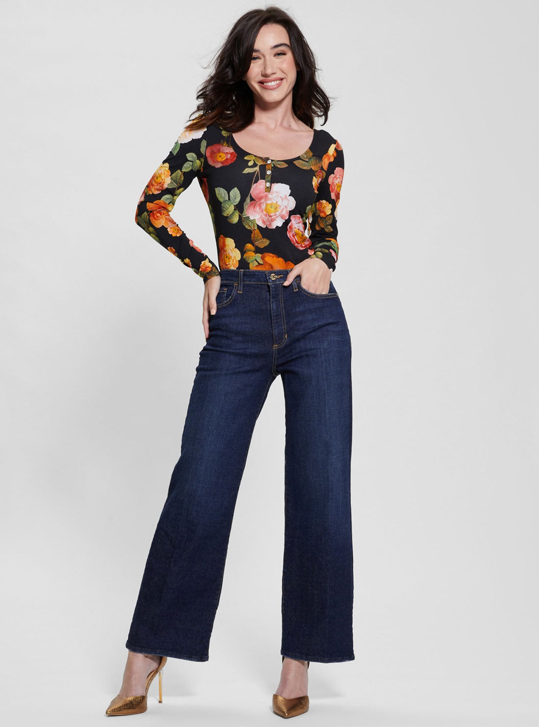 GUESS Black Floral Karla Henley Top full view
