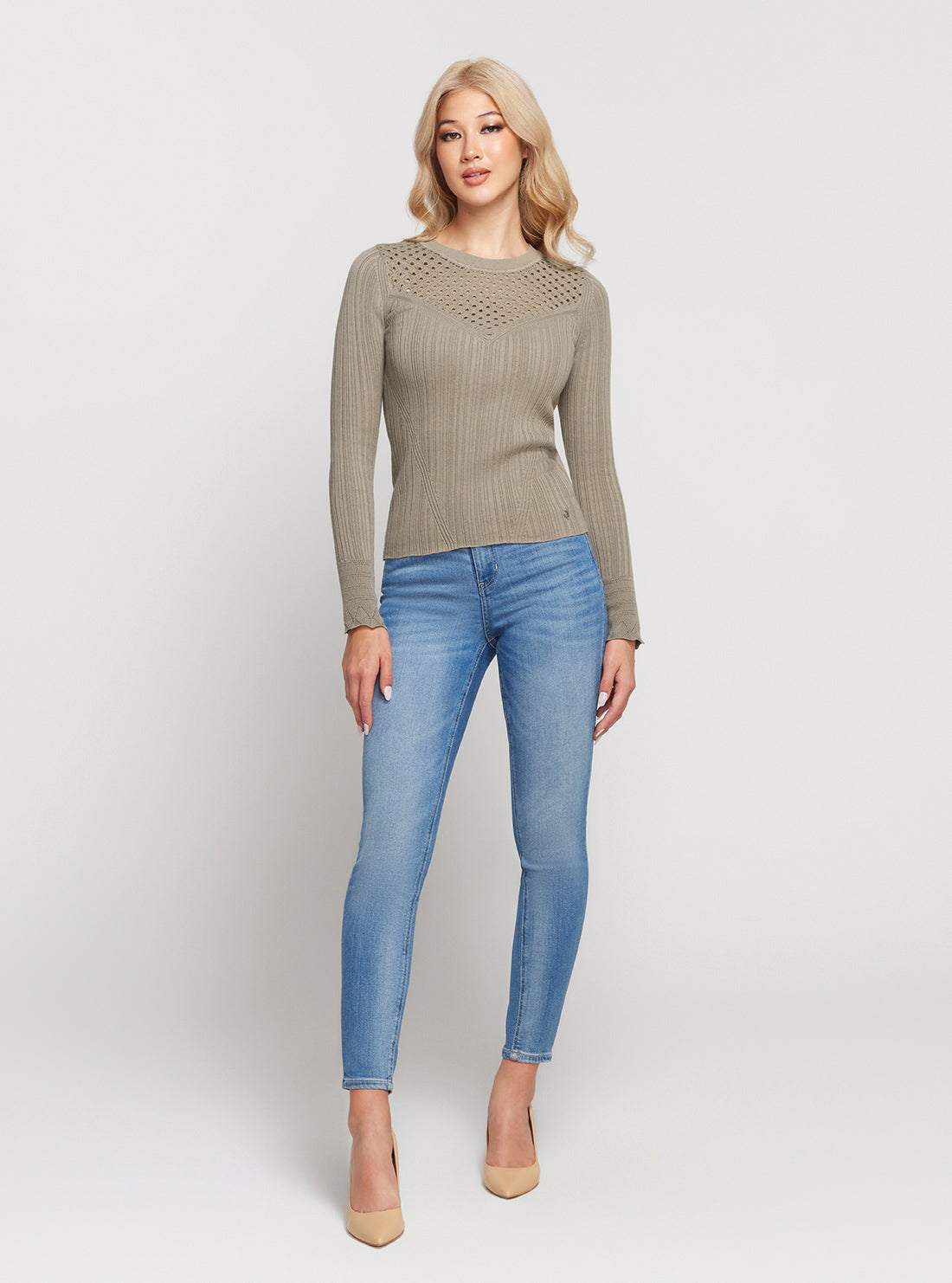 GUESS Light Khaki Marie Long Sleeve Sweater Top full view