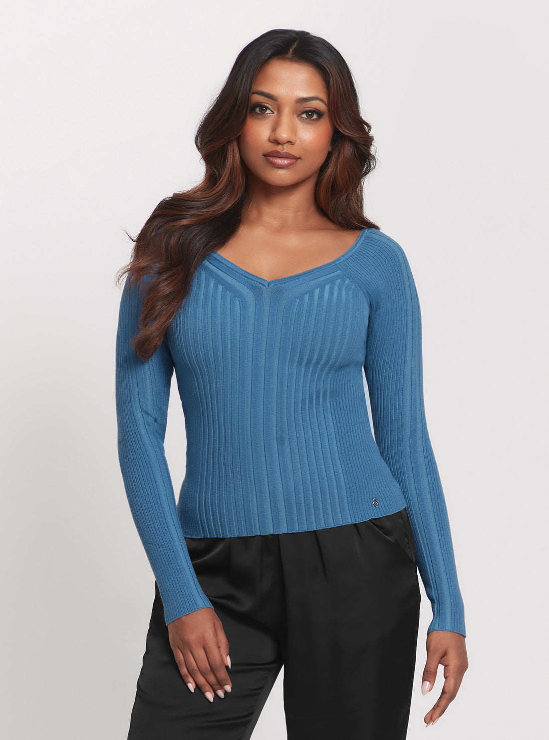 GUESS Blue Allie Long Sleeve Knit Top front view