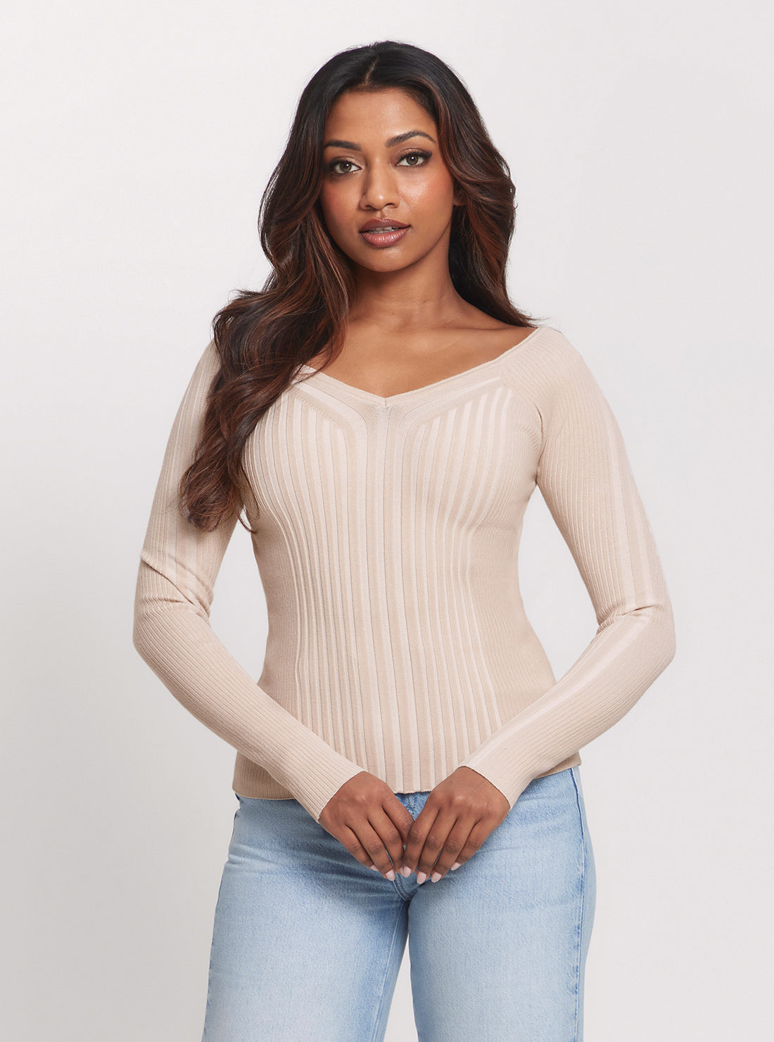 GUESS Beige Allie Long Sleeve Knit Top front view