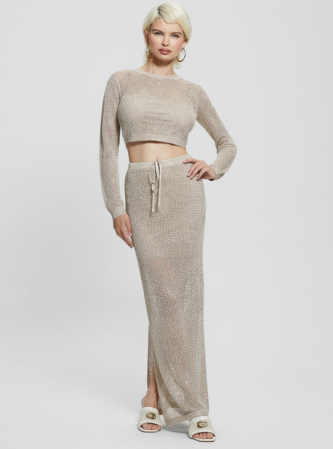 Beige Morgen Sequin Maxi Knit Skirt