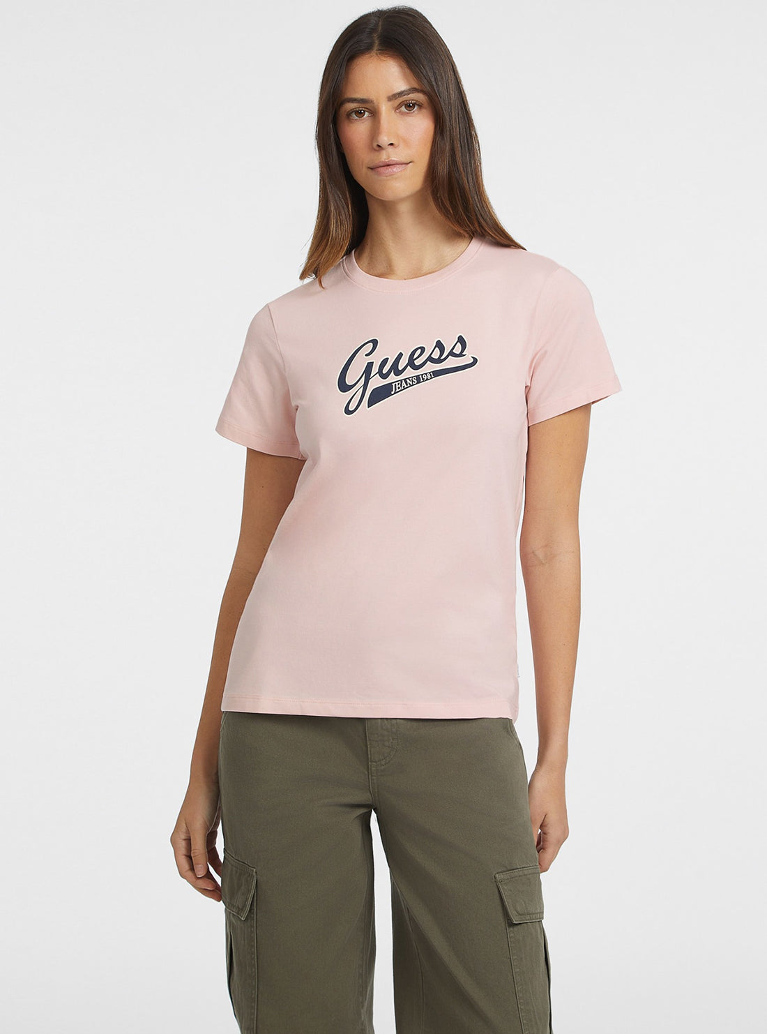 Guess Jeans Pink Script Logo T-Shirt front view