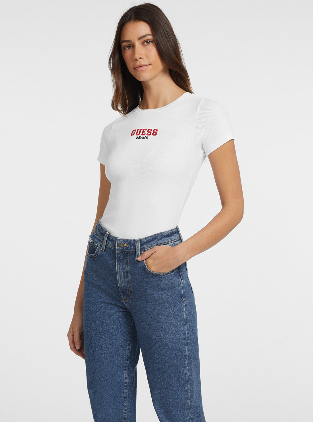 Guess Jeans White Ribbed T-Shirt front view