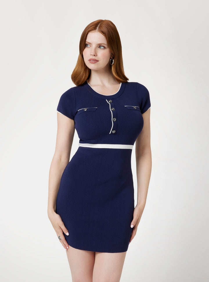 GUESS Womens Blue Allie Mini Knit Dress W4YK0WZ3FG0 Front View