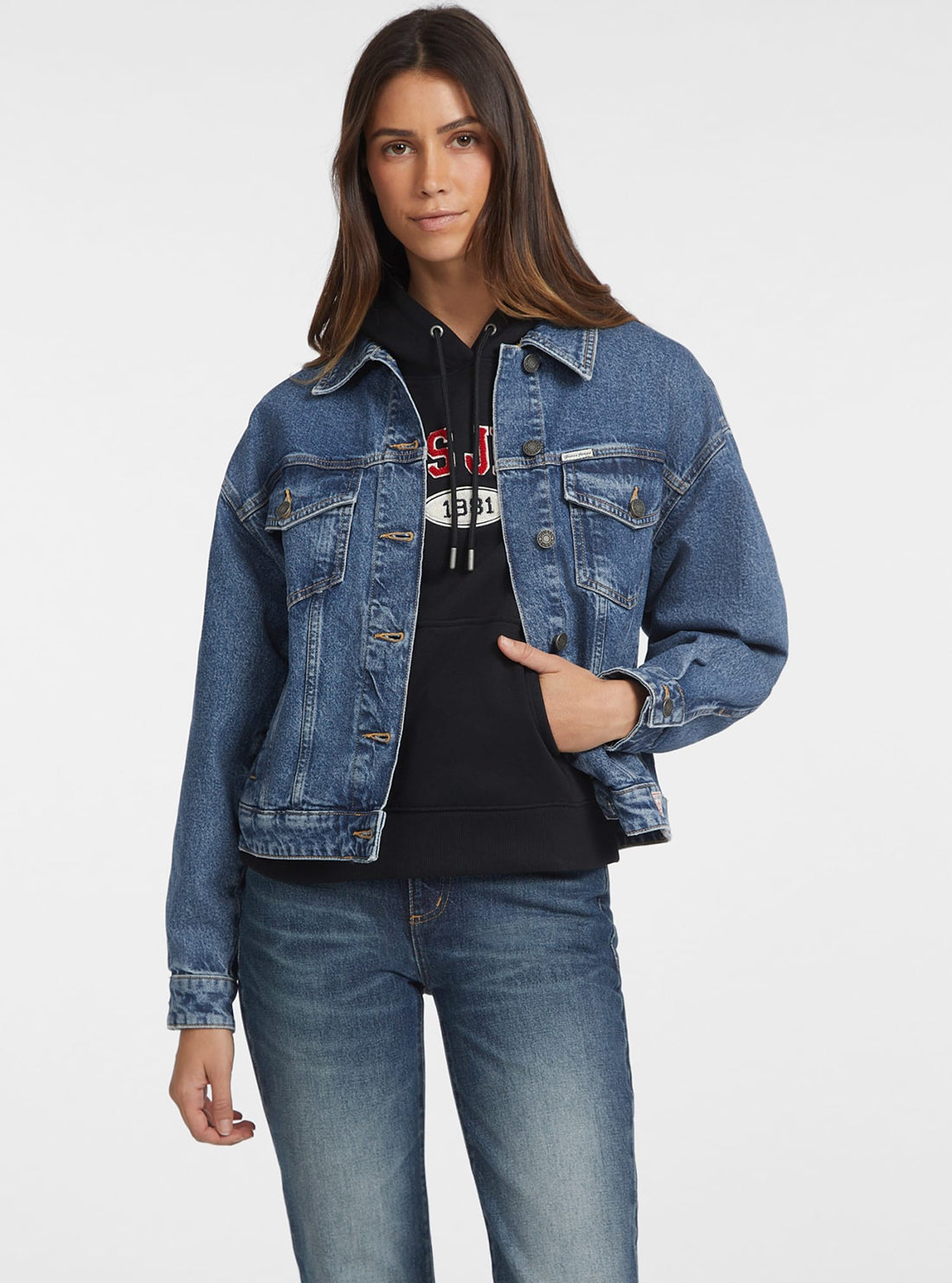 Guess Jeans Blue Denim Oversized Trucker Jacket front view