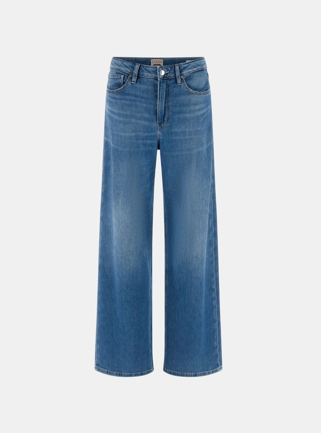 GUESS Womens Mid-Rise Bellflower Wide Leg Jeans in Medium Wash W5BA82D0614 Flatlay