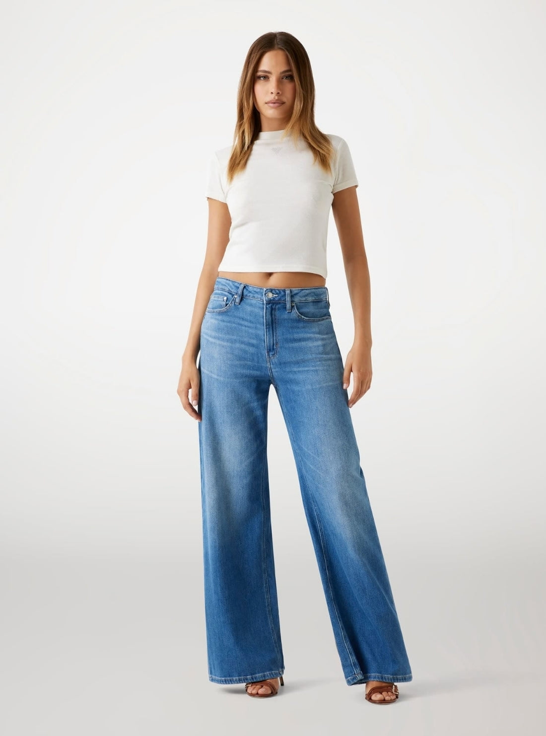 GUESS Womens Mid-Rise Bellflower Wide Leg Jeans in Medium Wash W5BA82D0614 Full View