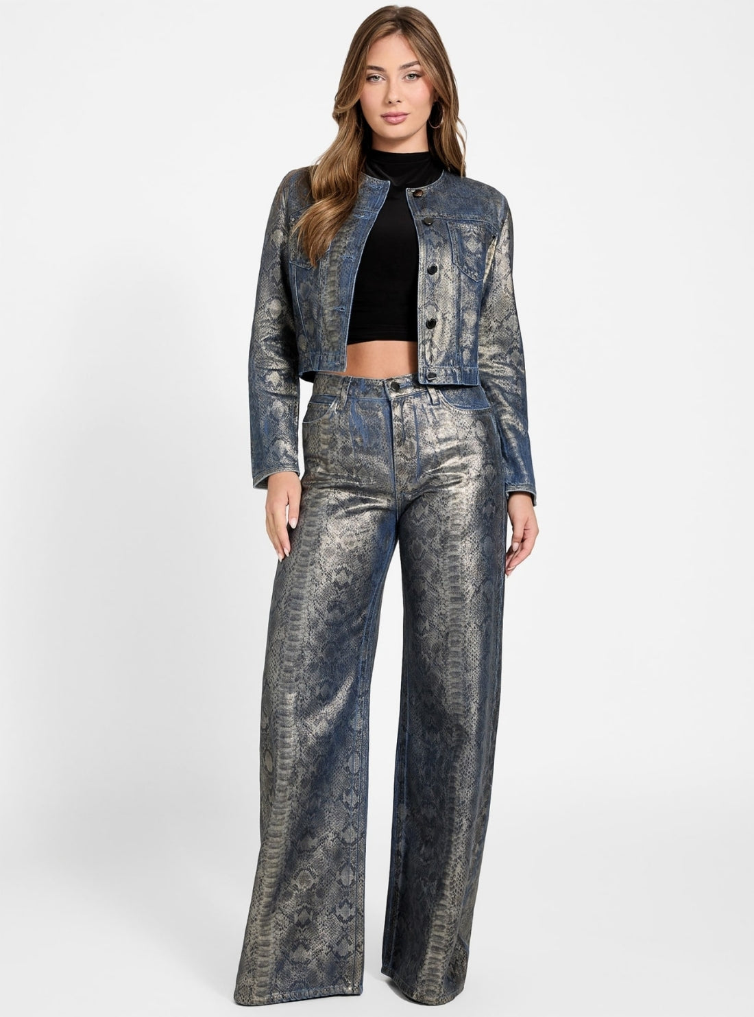 GUESS Womens High-Rise Bellflower Snakeskin Jeans W5BA82D5QK2 Full View