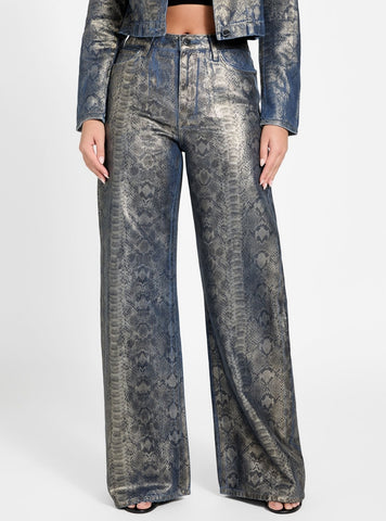 GUESS Womens High-Rise Bellflower Snakeskin Jeans W5BA82D5QK2 Front View