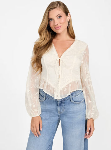 GUESS Womens White Seiah Tie Front Top W5BH69W2190 Front View