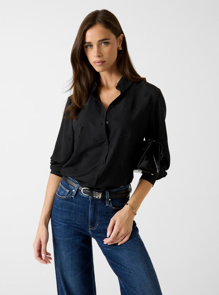 GUESS Womens Eco Black Flore Logo Hotfix Shirt W5BH80W2982 Front View