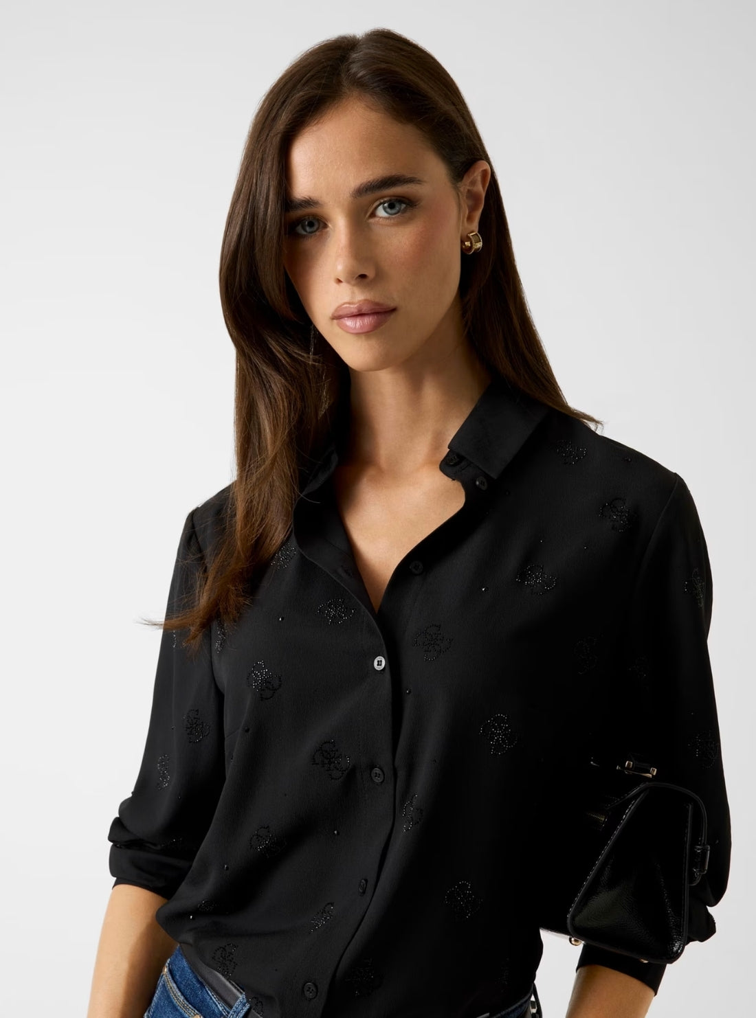 GUESS Womens Eco Black Flore Logo Hotfix Shirt W5BH80W2982 Detail View