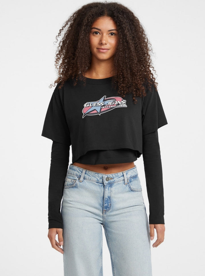Guess Jeans Black Boxy Twofer Star Printed T-Shirt W5BI10K8HM0 Front View