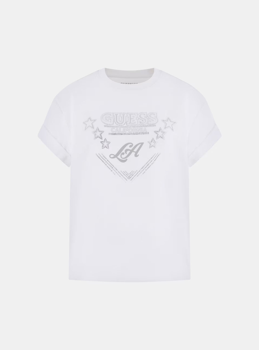 GUESS Womens White Stars Rhinestones T-Shirt W5BI14I3Z14 Flatlay