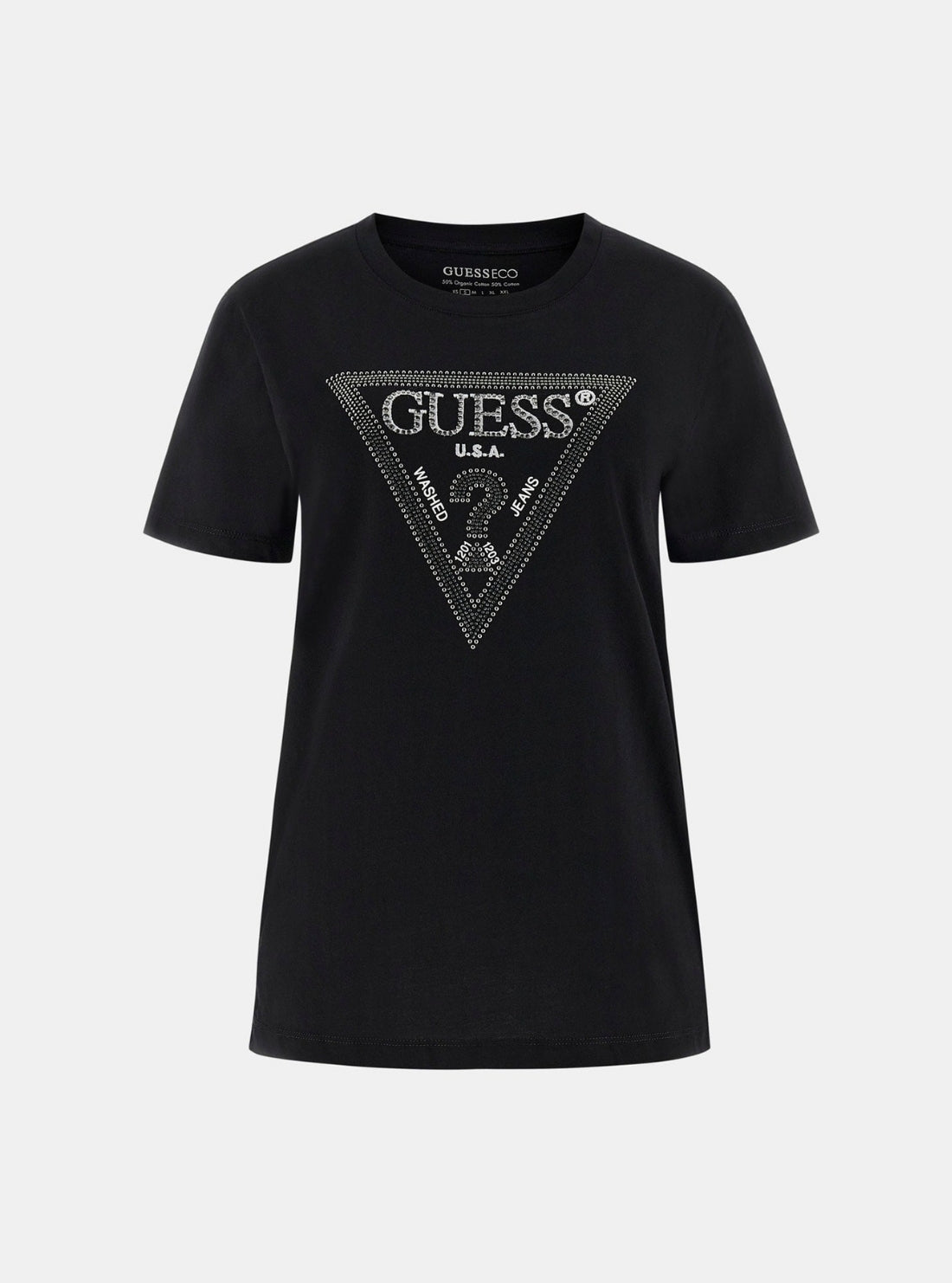 GUESS Womens Black Krystal Logo T-Shirt W5BI18I3Z14 Flatlay