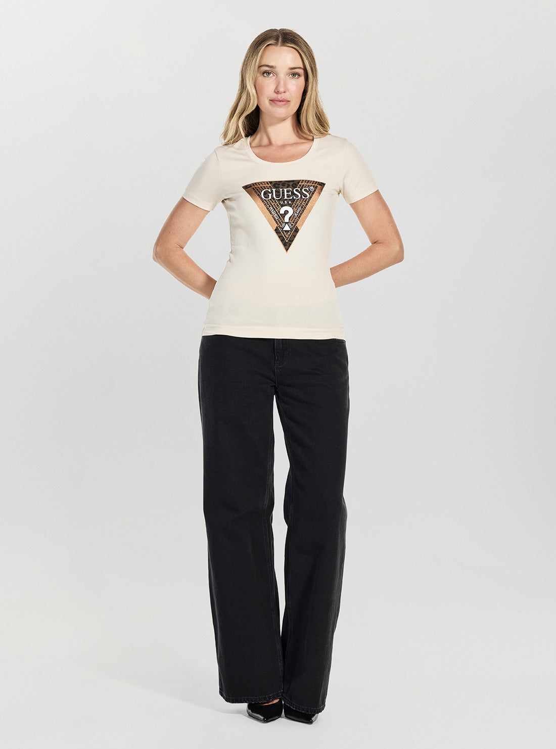 GUESS Womens Eco Beige Leo Logo T-Shirt W5BI28J1314 Full View